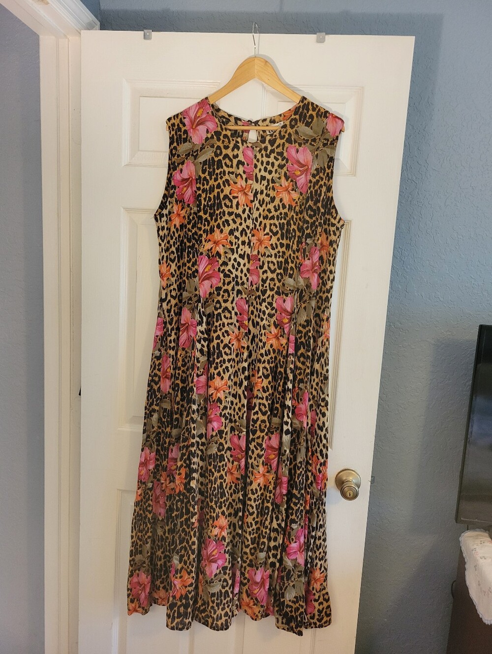 American Angel Leopard Maxi Dress with Pink & Orange Floral Print Size L 90s Y2K